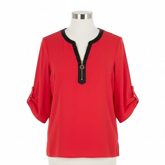 Calvin Klein Red Tunic Top w/Faux Leather Collar Gold Zip & 3/4 Tab Sleeves Sz S - Picture 5 of 12